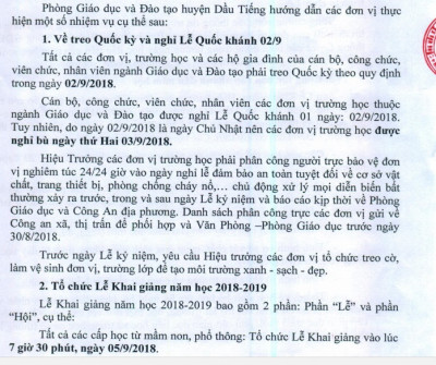 Hướng dẫn nghỉ lễ Quốc khánh 02/9 và tổ chức Lễ khai giảng năm học 2018-2019