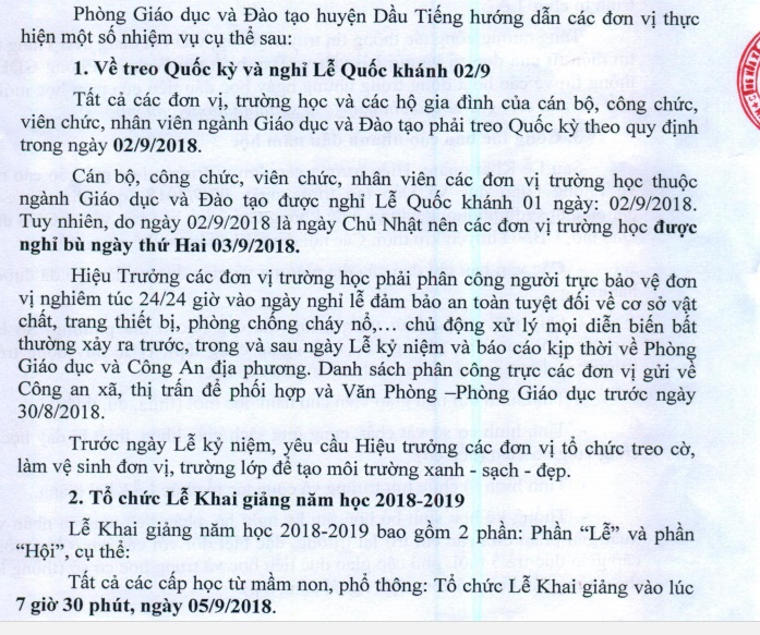 Hướng dẫn nghỉ lễ Quốc khánh 02/9 và tổ chức Lễ khai giảng năm học 2018-2019